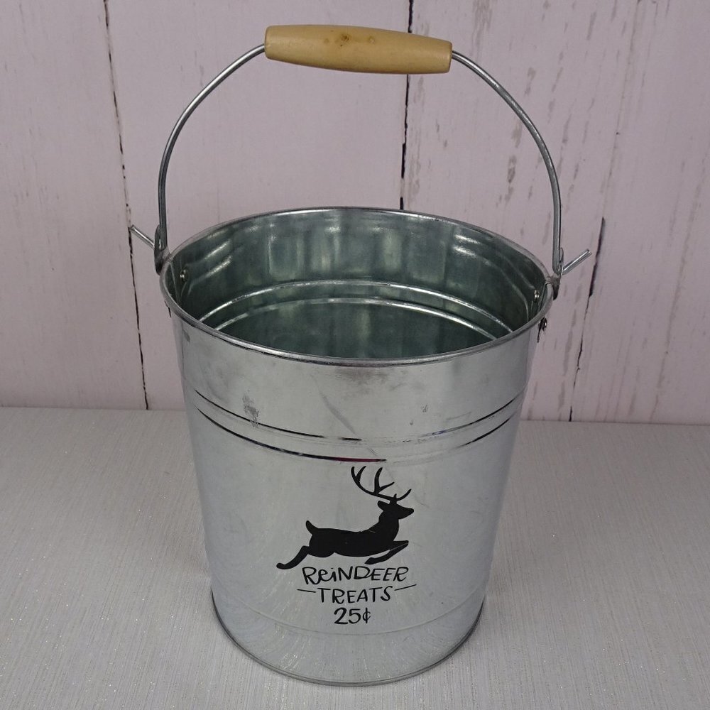 Christmas Galvanized Metal Pail "Reindeer" Farmhouse Rustic Holiday Decor New